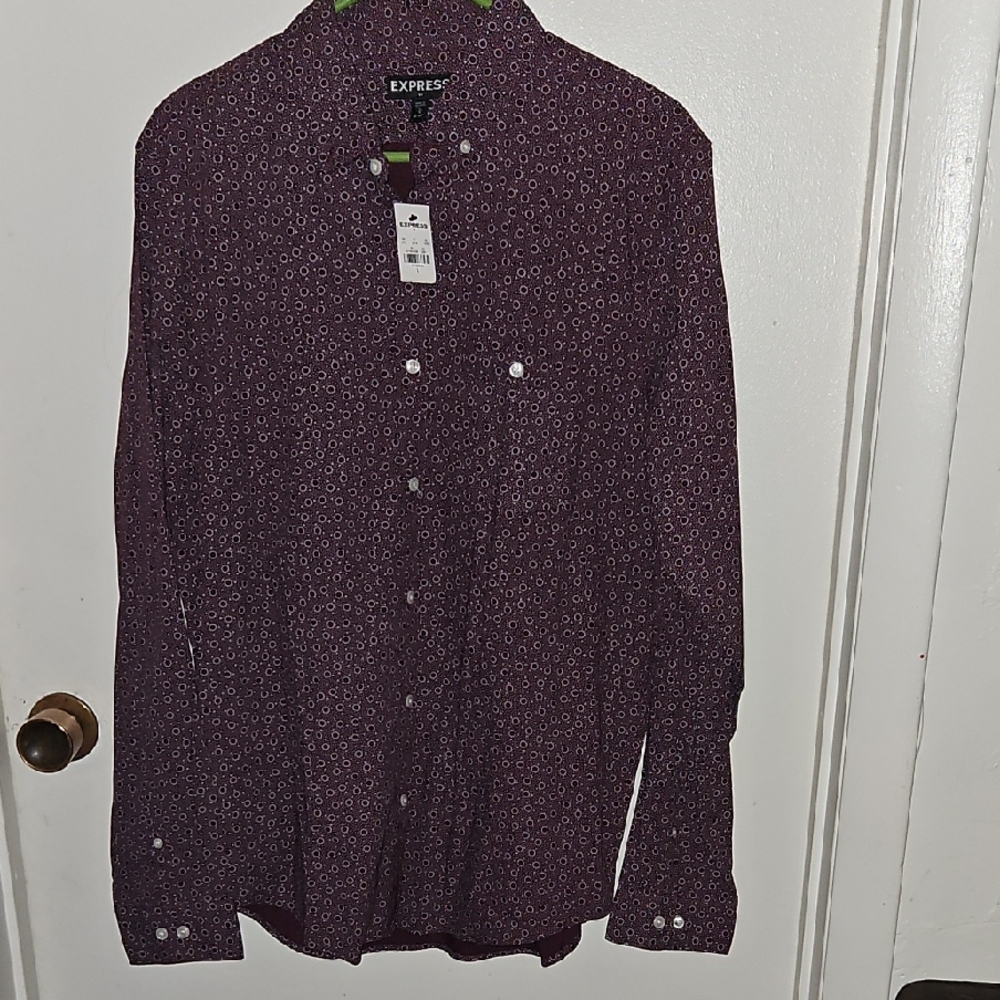 Express Men's Dark Purple Patterned Button Down Shirt